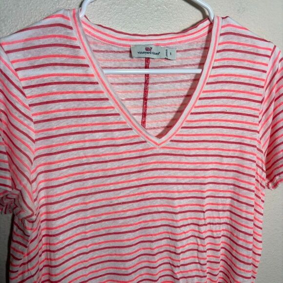 Vineyard Vines T-Shirt Women's Small Pink Striped V-Neck Short Sleeve Linen Top - Picture 2 of 8